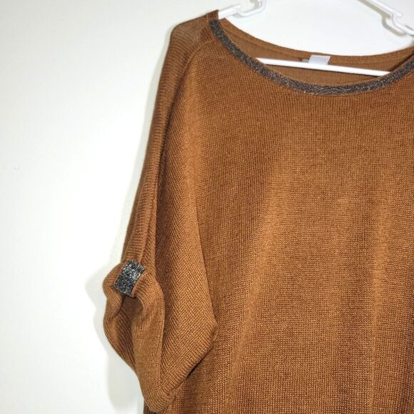 Chicos Brown Beaded Linen Blend Short Sleeve Sweater 2 Large - Picture 2 of 12